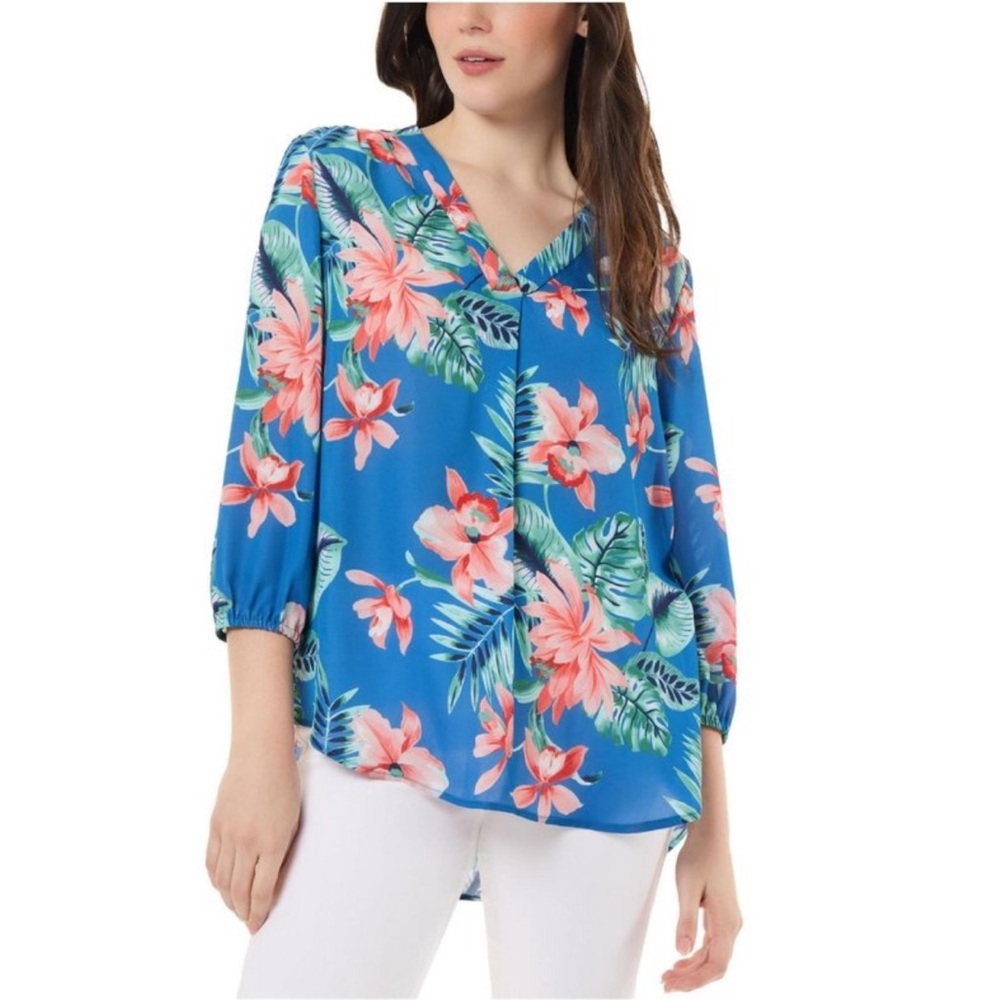 Small Jones New York Blue Floral Tropical Chiffon Peasant Blouse